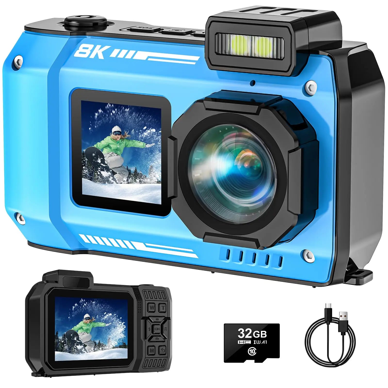 8K UHD Underwater Camera 33FT Autofocus 70MP Rugged Dustproof Shockproof Digital Camera Waterproof Camera Dual-Screen Selfie Underwater Photograph Camera with 32GB Card Blue zyvraxen