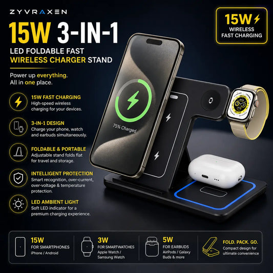15W 3 In 1 LED Foldable Fast Wireless Charger Stand zyvraxen