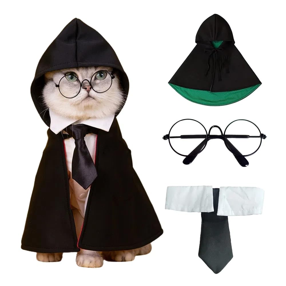 Ginkago Dog Cat Halloween Costumes Cape Pet Witch/Wizard Costume Cloak for Halloween Party Cosplay Photo Prop with Glasses and Tie Zyvraxen