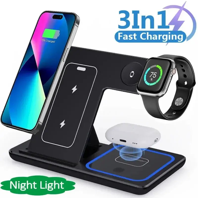 3 In 1 LED Fast Wireless Charger Stand Foldable Charging Station zyvraxen