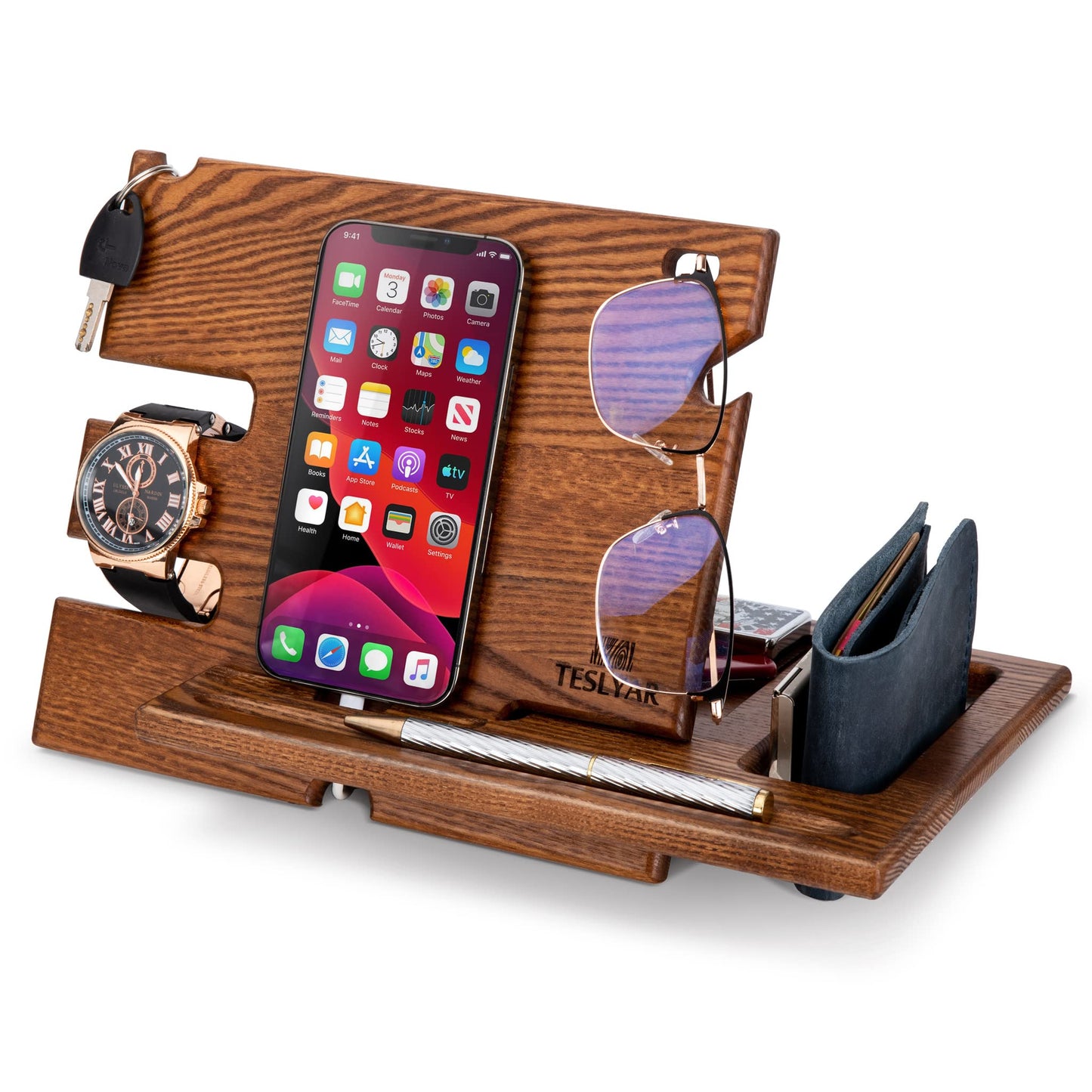 TESLYAR Wood Phone Docking Station Ash Key Holder Wallet Stand Watch Organizer Men Husband Wife Anniversary Dad Birthday Nightstand Purse Father Graduation Male Travel Idea Gadgets (Brown) Zyvraxen