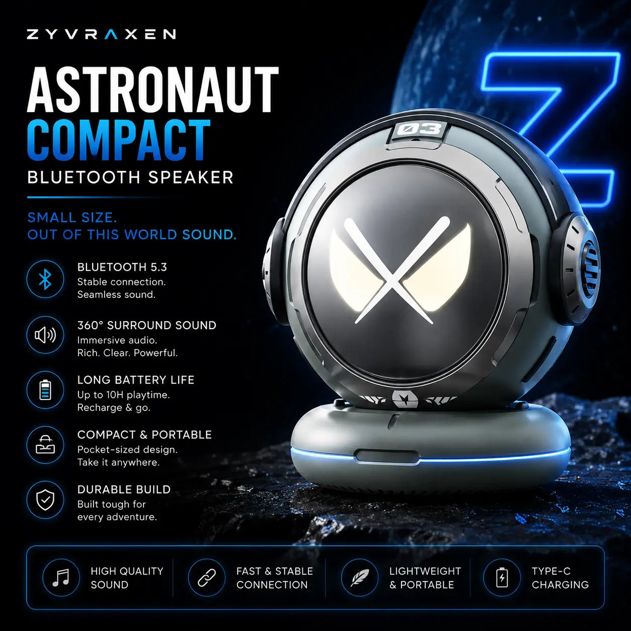 Astronaut Compact Bluetooth Speaker zyvraxen