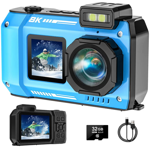 8K UHD Underwater Camera 33FT Autofocus 70MP Rugged Dustproof Shockproof Digital Camera Waterproof Camera Dual-Screen Selfie Underwater Photograph Camera with 32GB Card Blue zyvraxen